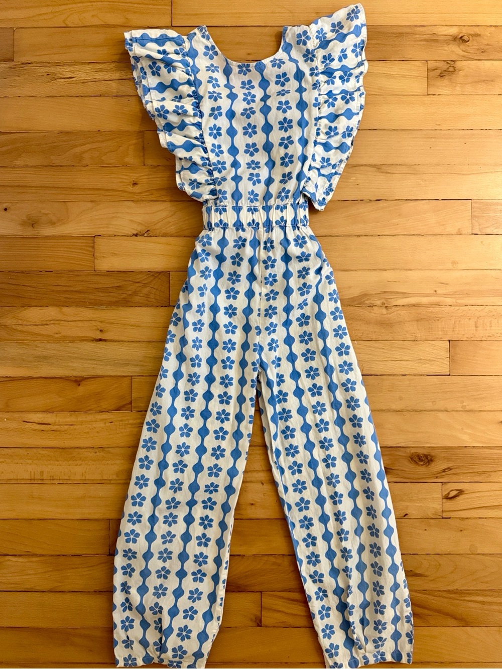 Girls Blue Floral Ruffle-Sleeve Jumpsuit